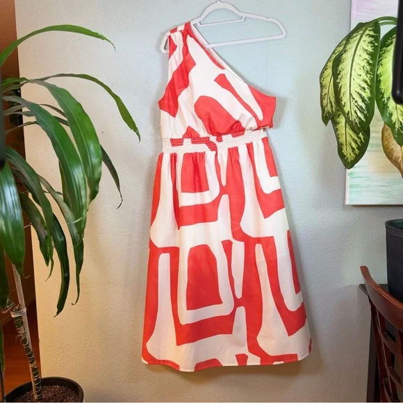 Banana Republic Cotton White Orange Geometric Pattern One Shoulder Midi Dress L - Picture 3 of 10